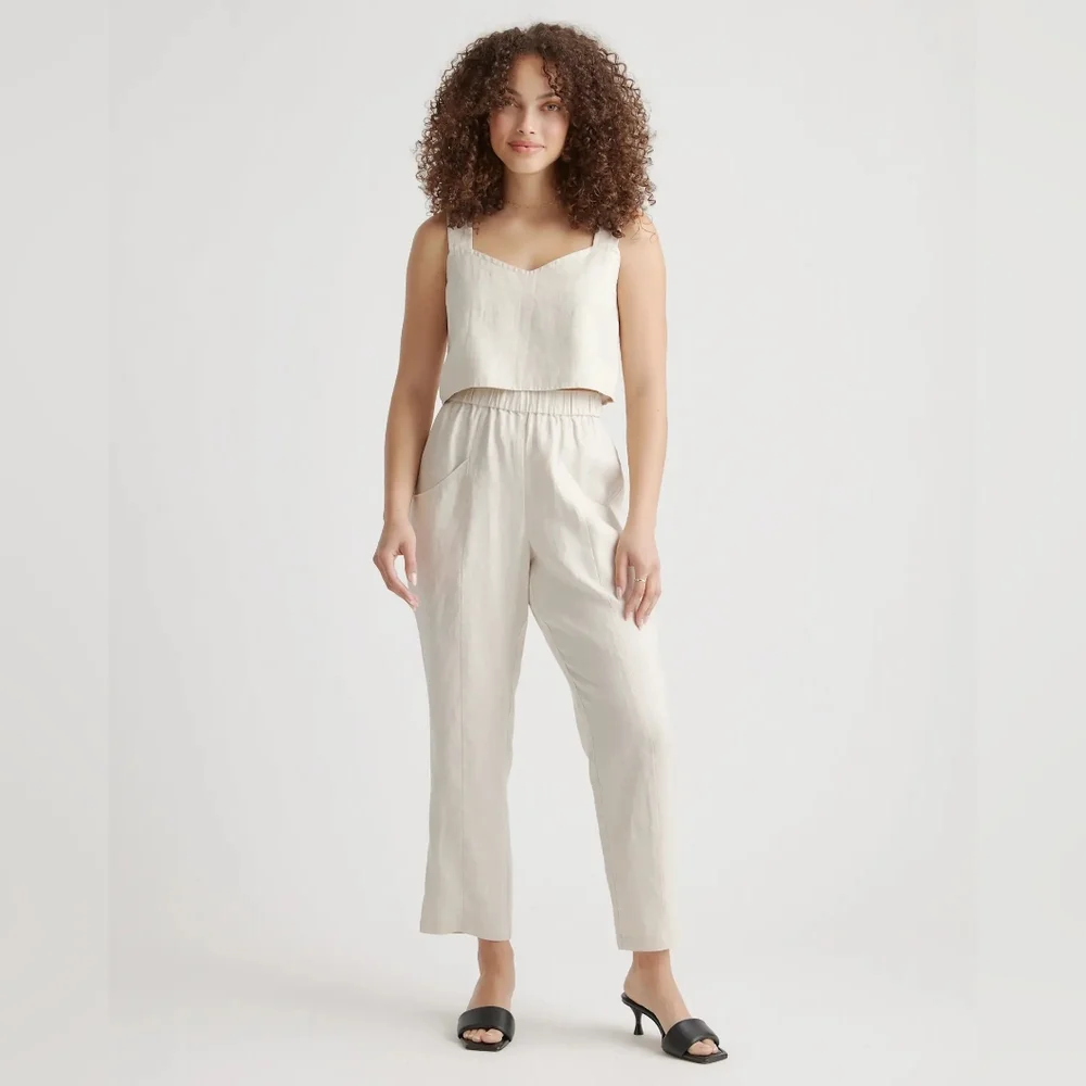 Linen-Blend Cream High-Waist Pants